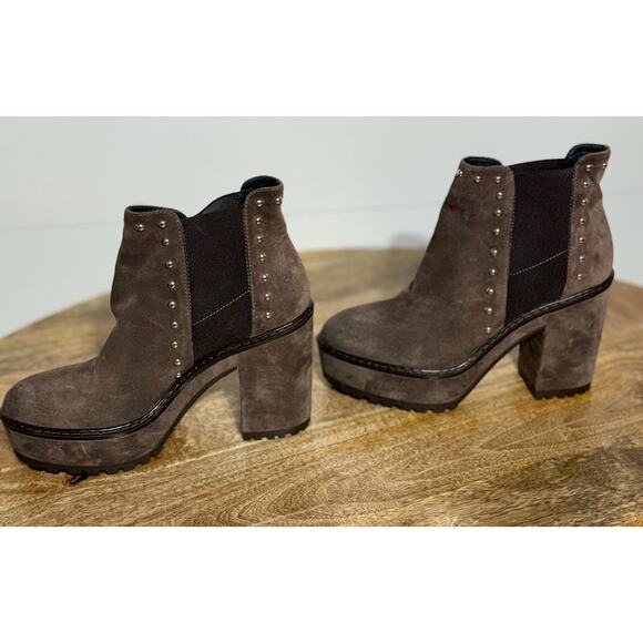 Janet Sport Suede Platform Booties 8.5 Brown Italian Studded Chunky Heel - Picture 3 of 15
